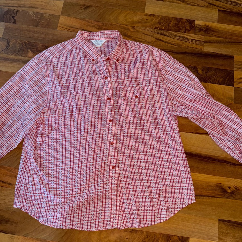 Vintage Button Up Long Sleeve Top Red‎ White Plaid Shirt picnic cottage women 10